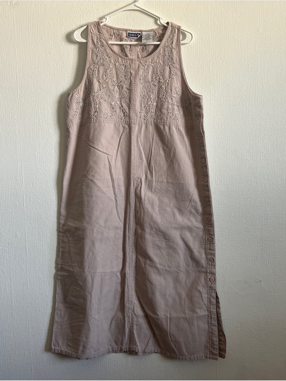 vintage midi summer dress, linen/cotton blend dress, embroidered detail